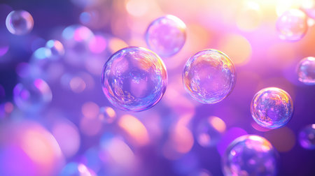Iridescent bubbles shimmering floating in abstract colorful background