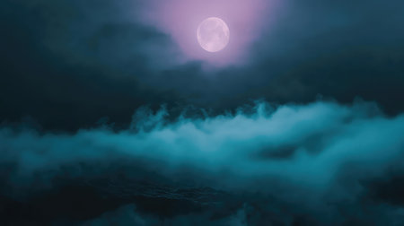 Full moon illuminating dark night sky with mystic clouds