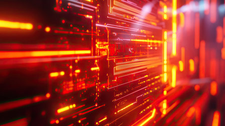 Digital circuit board with glowing red lines representing data flow
