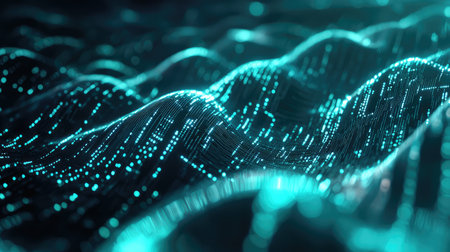 Abstract digital data waves forming futuristic network connection