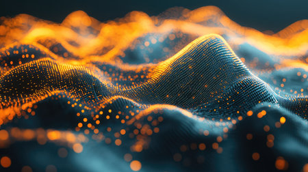 Abstract glowing particles forming digital data waves