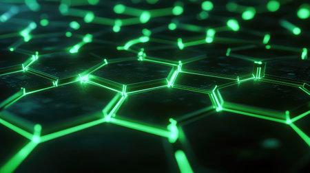 Green glowing hexagons forming abstract technology background