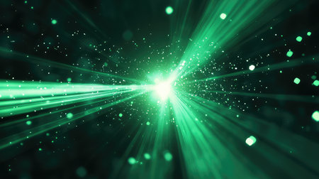 Green light streaks accelerating through abstract particle tunnel