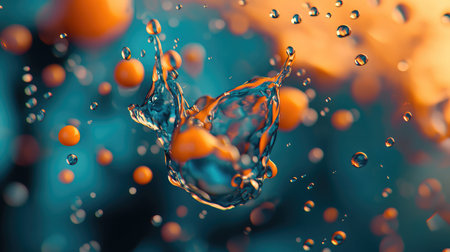 Abstract liquid splash interacting with vibrant orange particles