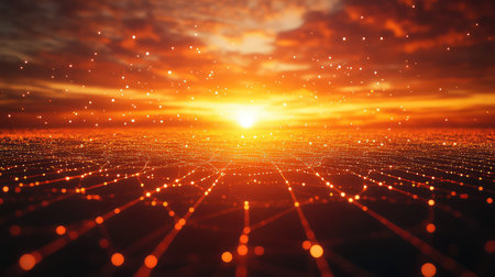 Global network connecting digital data at golden sunset