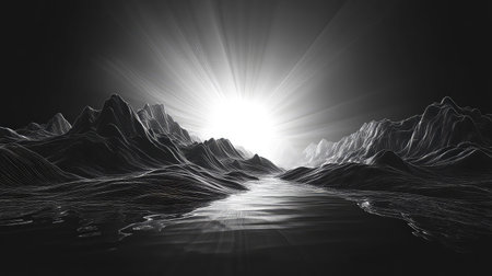 Abstract digital landscape generating bright light raysの写真素材