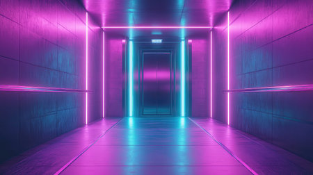 Futuristic elevator corridor with neon pink and blue lightingの写真素材