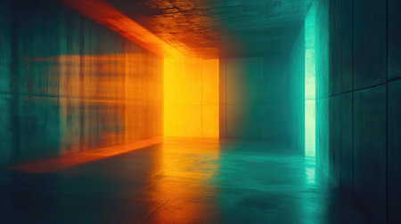 Abstract concrete room glowing with contrasting neon lightの写真素材