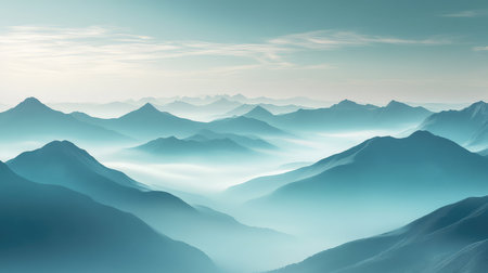 Mountain range in mist creating layered landscapeの写真素材