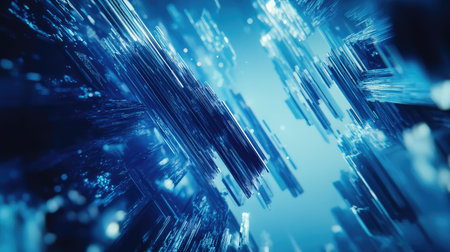Blue crystalline structures creating abstract digital technology backgroundの写真素材