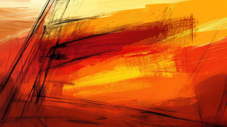 Abstract painting depicting fiery sunset colors and dynamic brushstrokesの写真素材