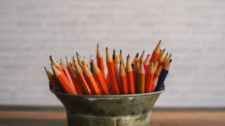 Colorful pencils in a tin can.の写真素材