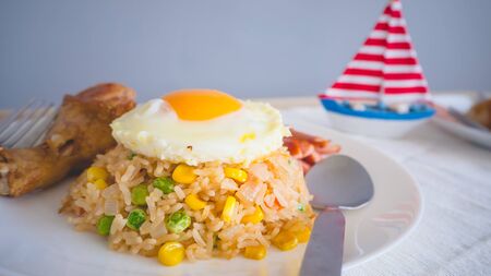 American fried rice with egg on top.の写真素材