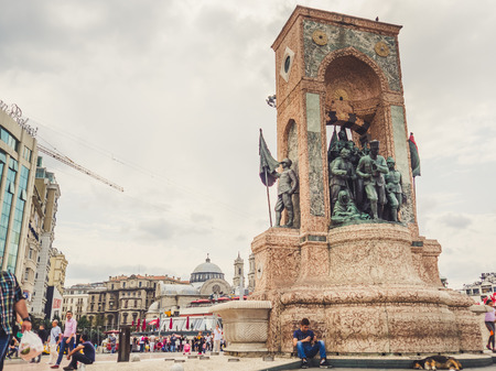 Istanbul, Turkey - September 10, 2016: People at Taksim square and the monument.のeditorial素材