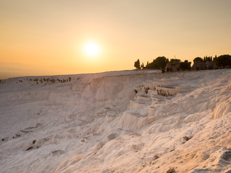 Pamukkale, Denizli, Turkey - September 14, 2016: Sunset scene of Cotton Castle  the travertine minerals hills in Denizli.のeditorial素材