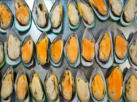 Many cooked fresh mussels ready to serve.