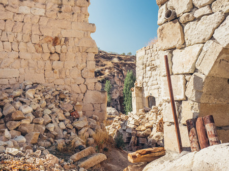 Ortahisar, Nevsehir, Turkey - September 16, 2016: Lime stone town of Ortahisar village.のeditorial素材