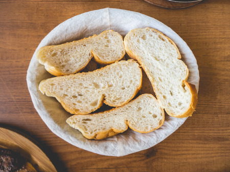 Sliced breads in basket on wooden table.