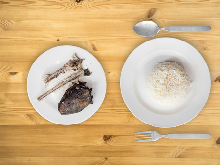 Top view of Cheap bad meal of eaten catfish bones and white rice of very poor man.の写真素材