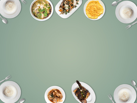 Top vies of various Thai food with empty space background.の写真素材