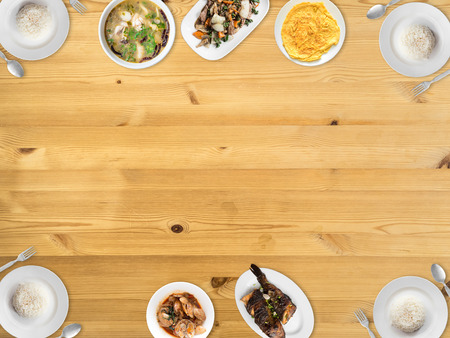 Top vies of various Thai food with empty space background.の写真素材