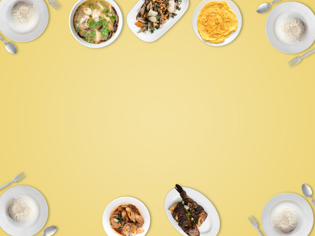 Top vies of various Thai food with empty space background.の写真素材