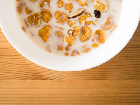 Simple fast and easy breakfast cereal in milk.の写真素材