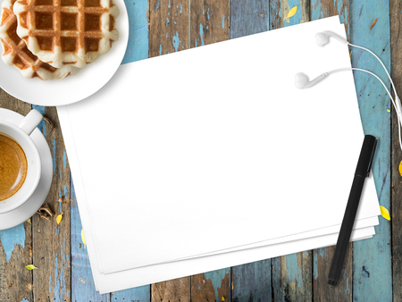 Concept of thinking for idea. Empty white paper with black pen waffles and coffee.の写真素材