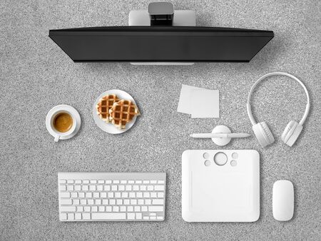 Top flat view of computer office desk.の写真素材