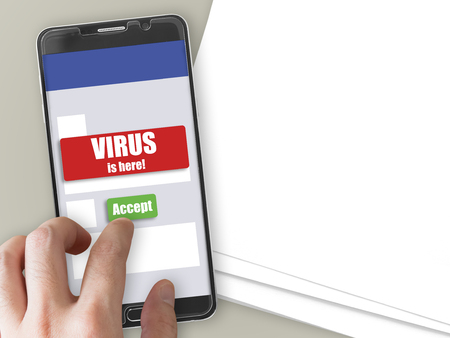 Mobile phone mockup with red virus warning notification and green accept button.の写真素材