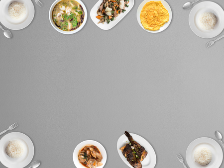 Top vies of various Thai food with empty space background.の写真素材