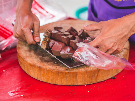 Curdled blood of duck selling as food in Thailand local market.の写真素材