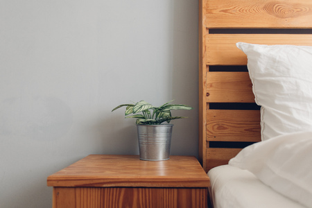 Relax decoration of stainless pot of small tree in bedroom.の写真素材