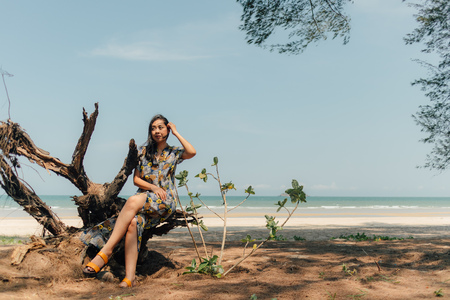 Asian woman relax on the beach under the pine tree in calm atmosphere.の写真素材