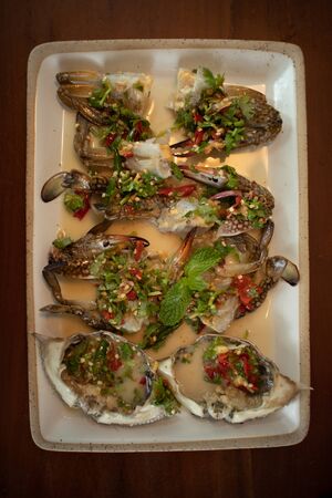 Close up of Thai spicy blue crab salad.