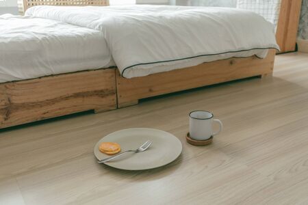 Left over egg yolk on the dish in the bedroom.の写真素材