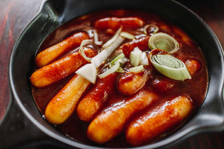 Close up of Korean Tteokbokki or stir-fried rice cakes is a popular Korean food.の写真素材