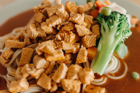 Close up of homemade chicken spaghetti served on white dish.の写真素材