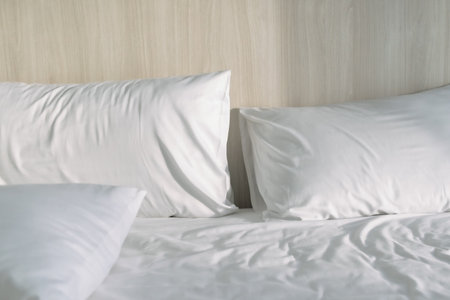 Two pillows on white bed with morning light in a hotel.の写真素材