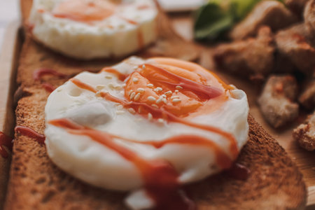 Breakfast set of toasted bread with fried eggs served on wooden plate.