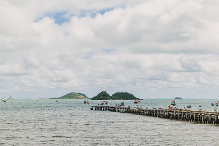 Sea view of gulf of Thailand with fisherman boat and small islands.の写真素材