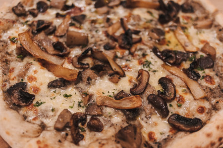 Close up of delicious Veggie Vegetarian pizza with champignon for vegan.の写真素材