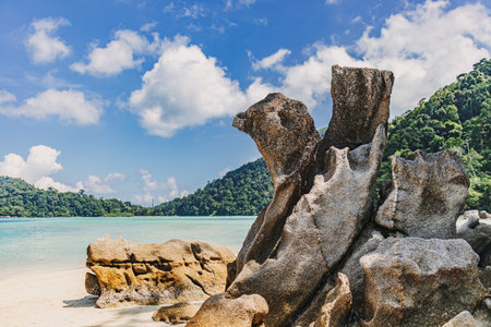 Chicken and Turtle rocks on the beach of Mu Ko Surin national park Thailand.の写真素材