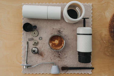 Espresso coffee with french press coffee maker and grinder equipments.の写真素材