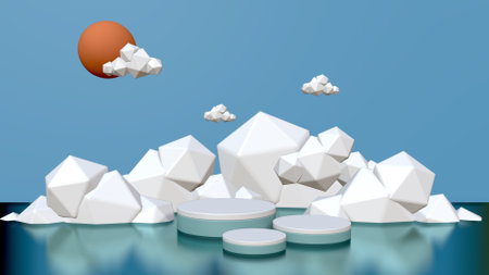 Graphic 3d render background with product podium in concept of sea and clouds.の写真素材