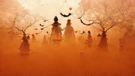 Halloween season festival haunted house ghosts background. Digital painting.の写真素材