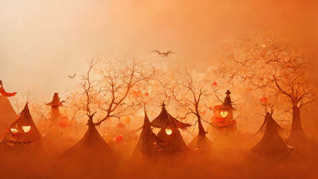 Halloween season festival haunted house ghosts background. Digital painting.の写真素材