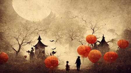 Halloween season festival haunted house ghosts background. Digital painting.の写真素材
