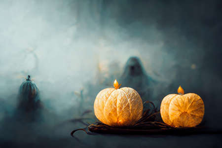 Pumpkin ghosts Halloween holiday abstract background by digital painting.の写真素材