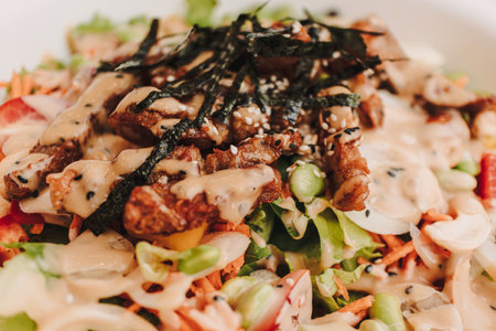 Japanese food style roasted pork salad with seaweed for diet meal.の写真素材